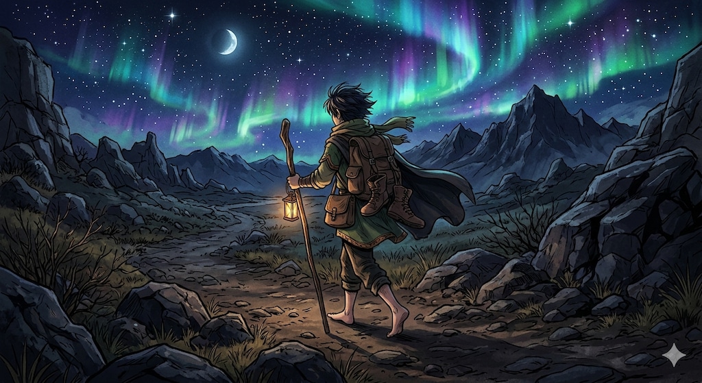 真夜中の荒野を歩く冒険者とオーロラ