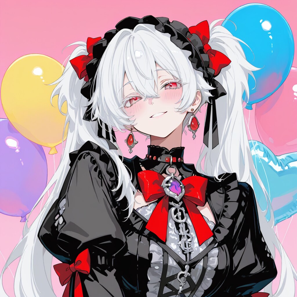 いっぱい色とりどりの風船を持つ白い髪ツインテールのゴスロリ衣装着た美女