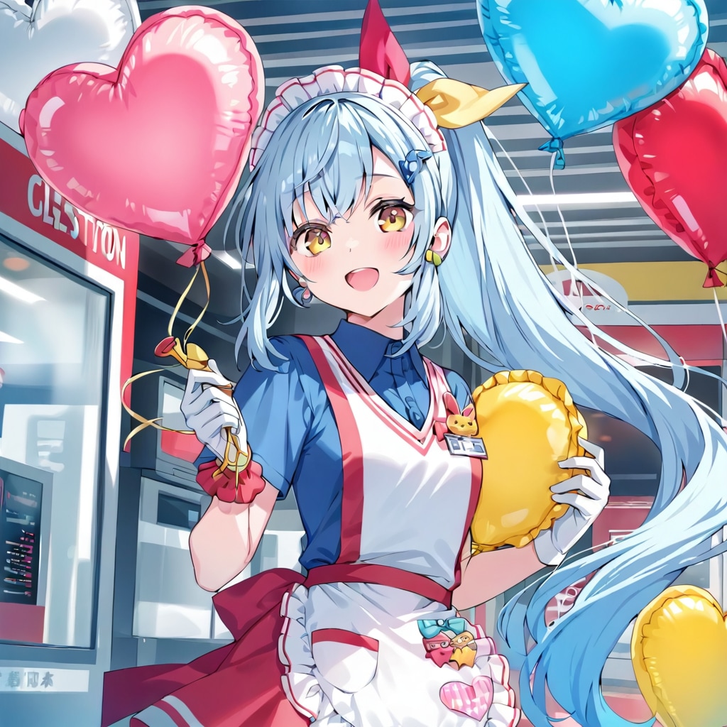 いっぱい色とりどりの風船を持つ水色髪ポニーテールのガソリンスタンドの美女店員さん | の人気AIイラスト・グラビア