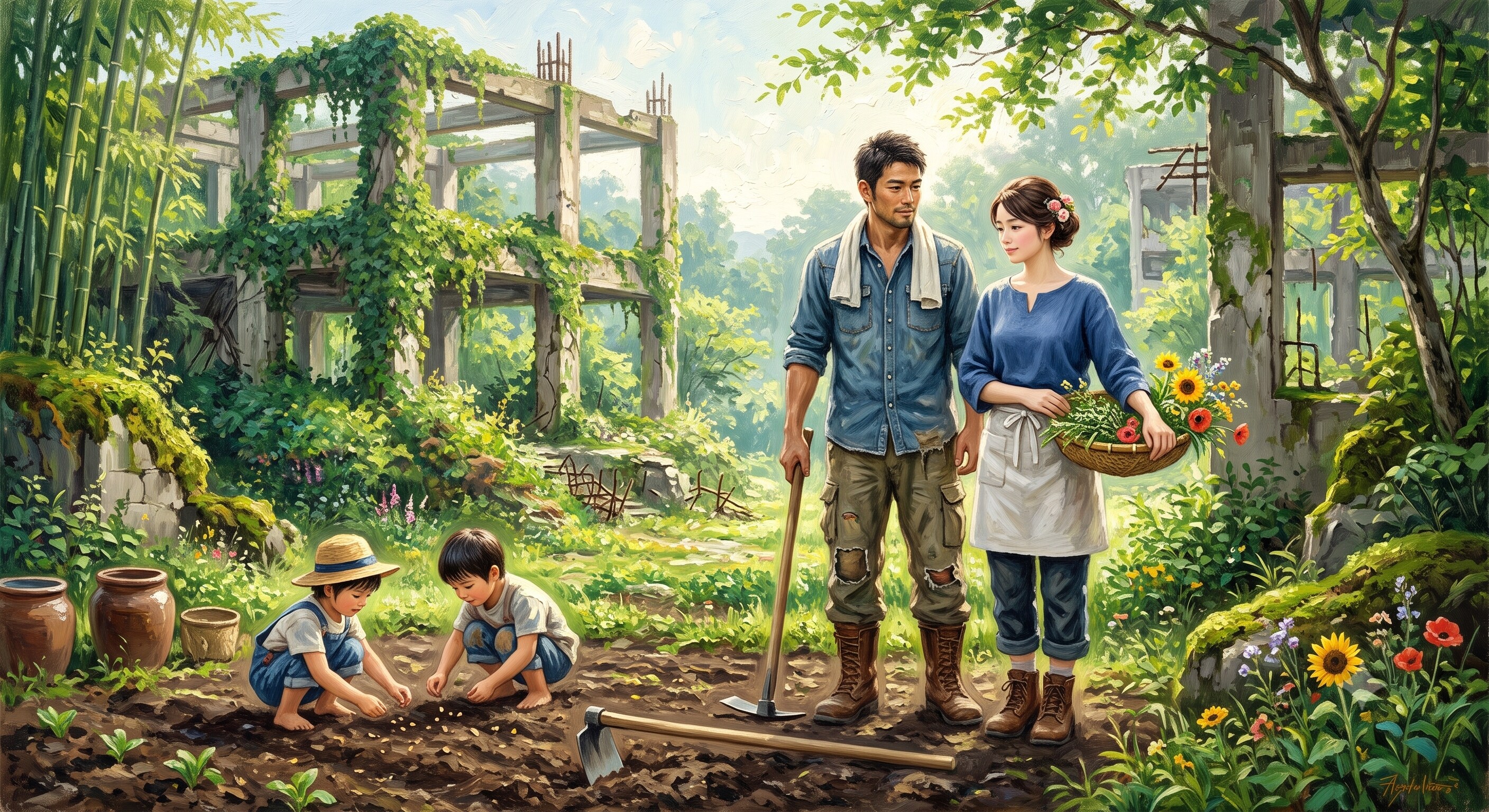 新緑の寓話（緑の遺構と家族）　★実験・印象派系イラスト（AI併用作品）★