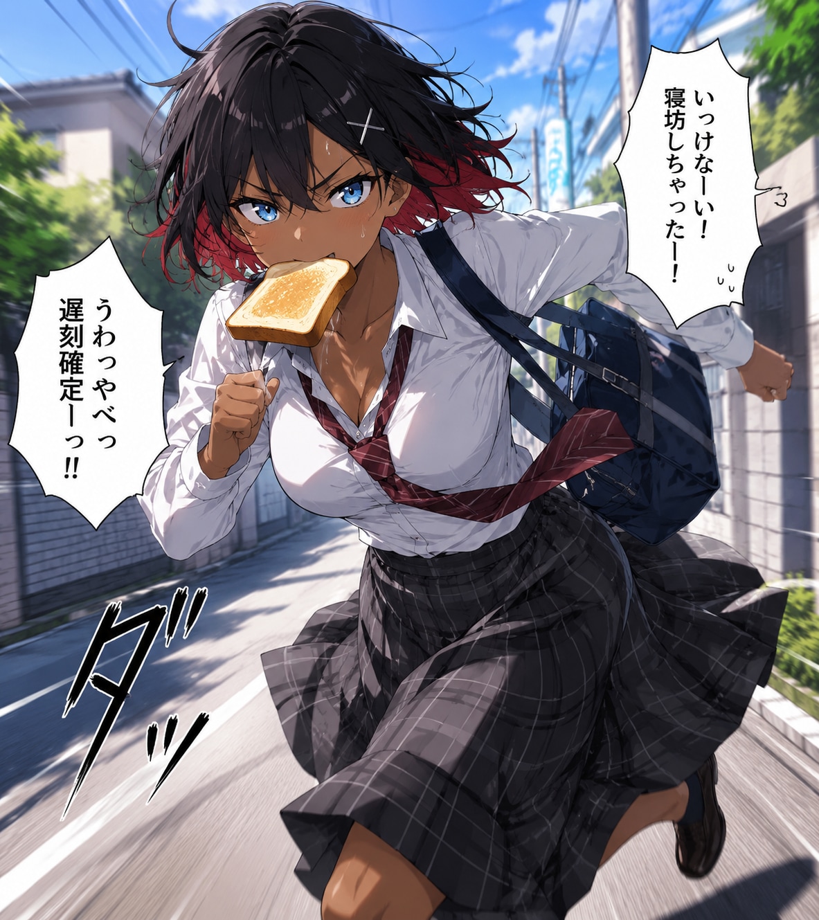 ちこくちこくーな赤メッシュちゃん | の人気AIイラスト・グラビア