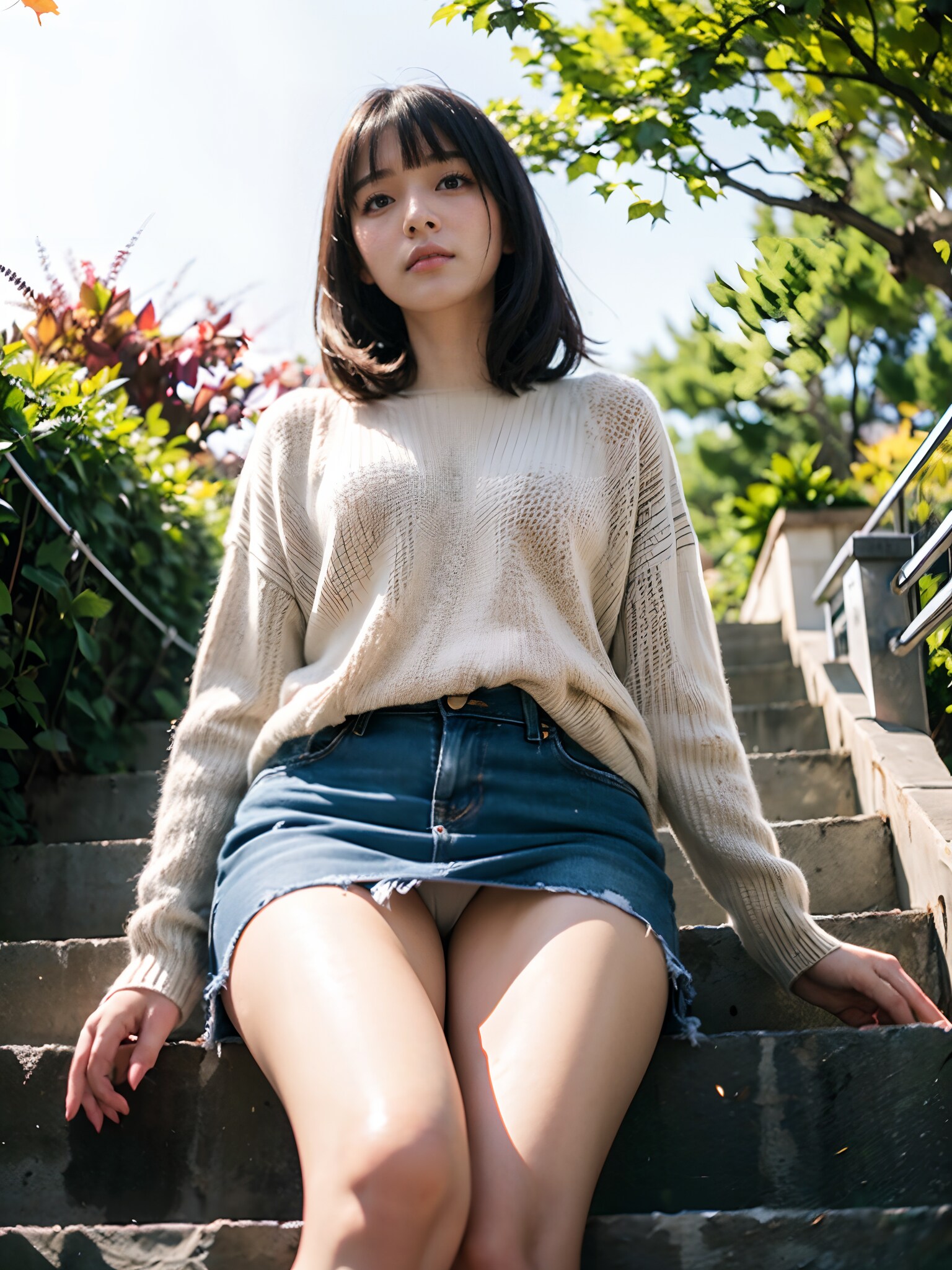 階段に座る女性
