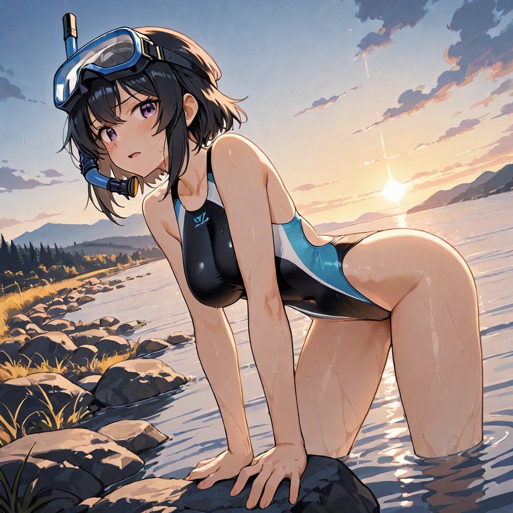 川で魚を獲っていた競泳水着の少女