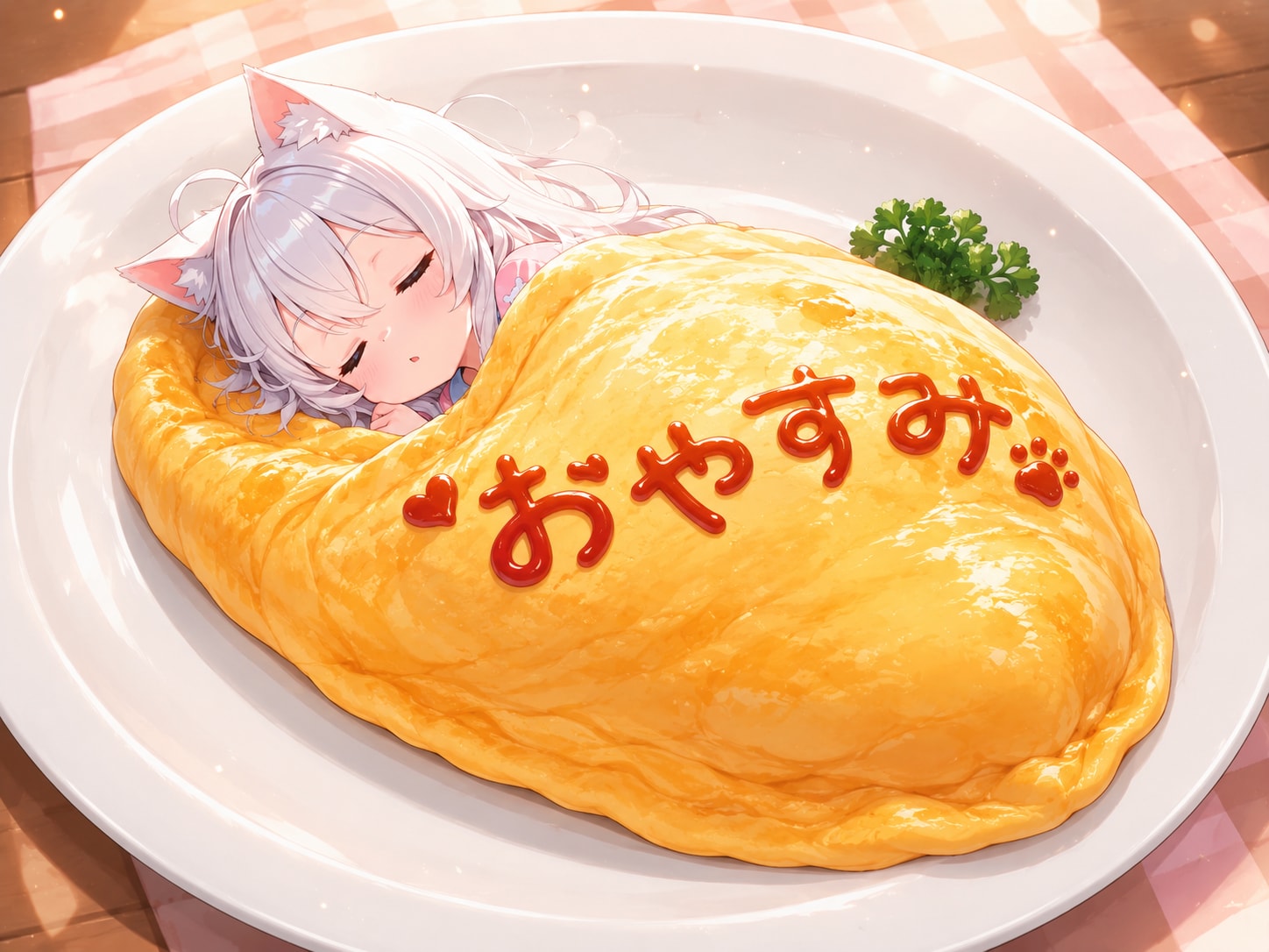 オムライス布団で眠るねまきねこ