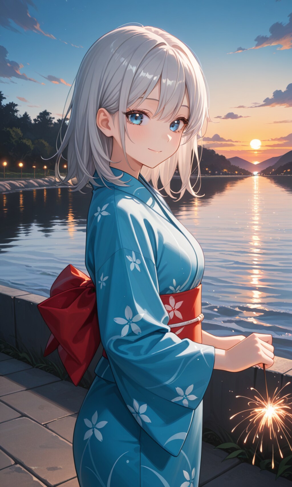 浴衣銀髪ちゃんと線香花火