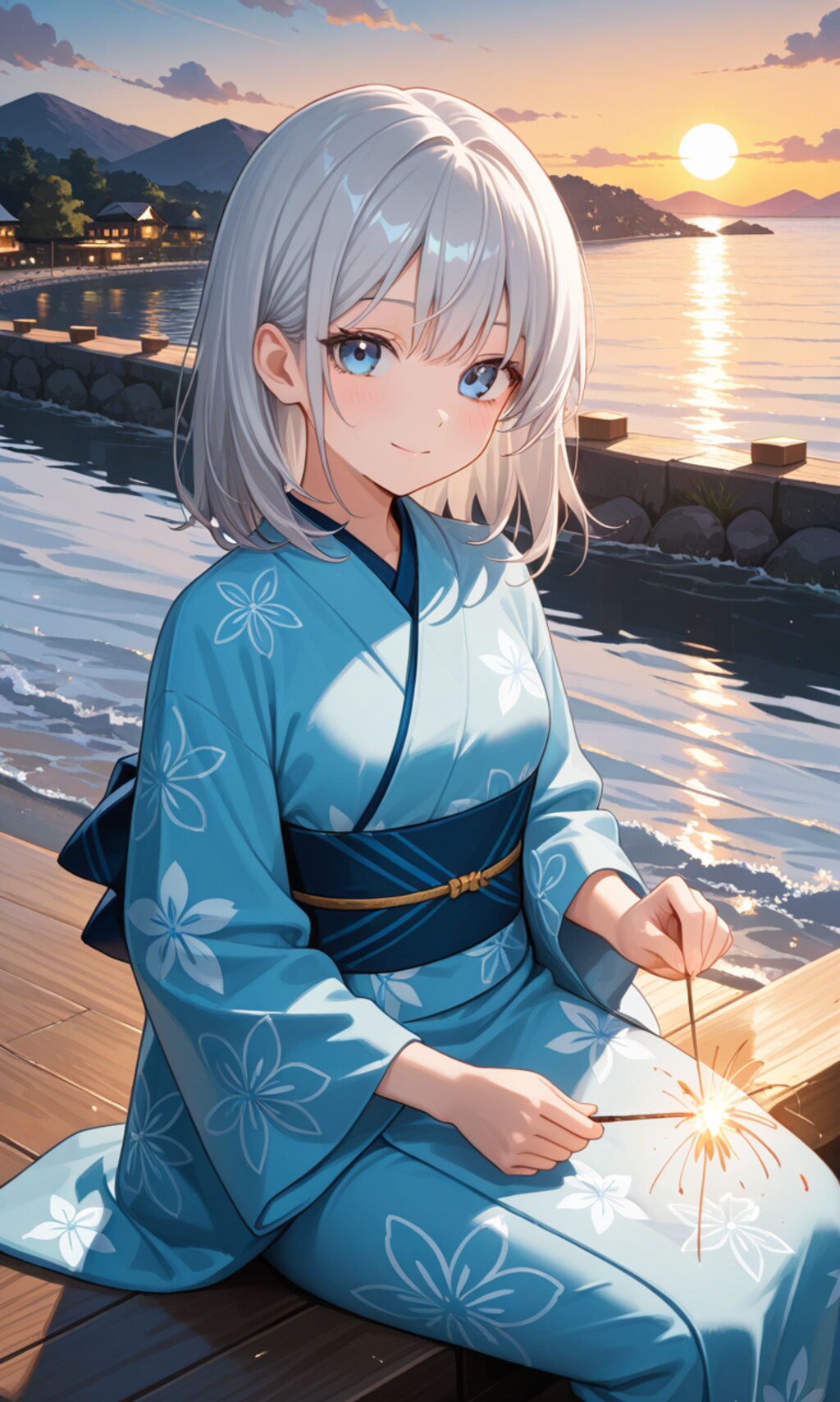 浴衣銀髪ちゃんと線香花火