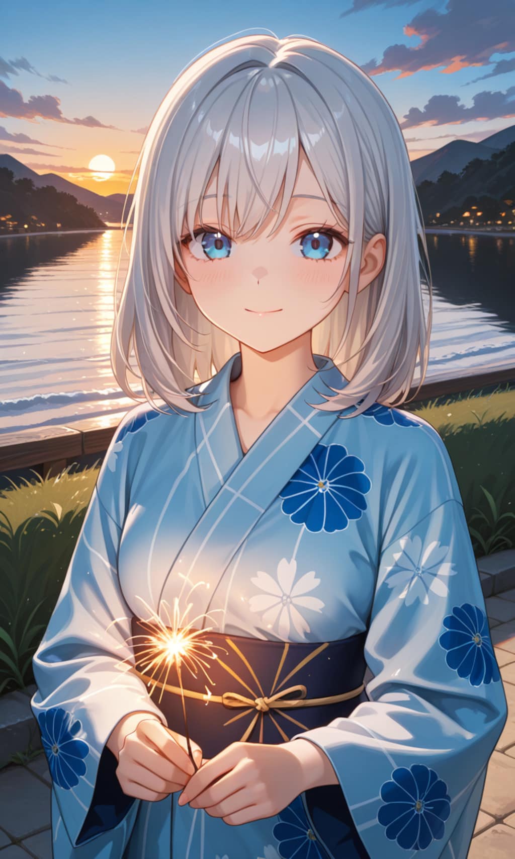 浴衣銀髪ちゃんと線香花火