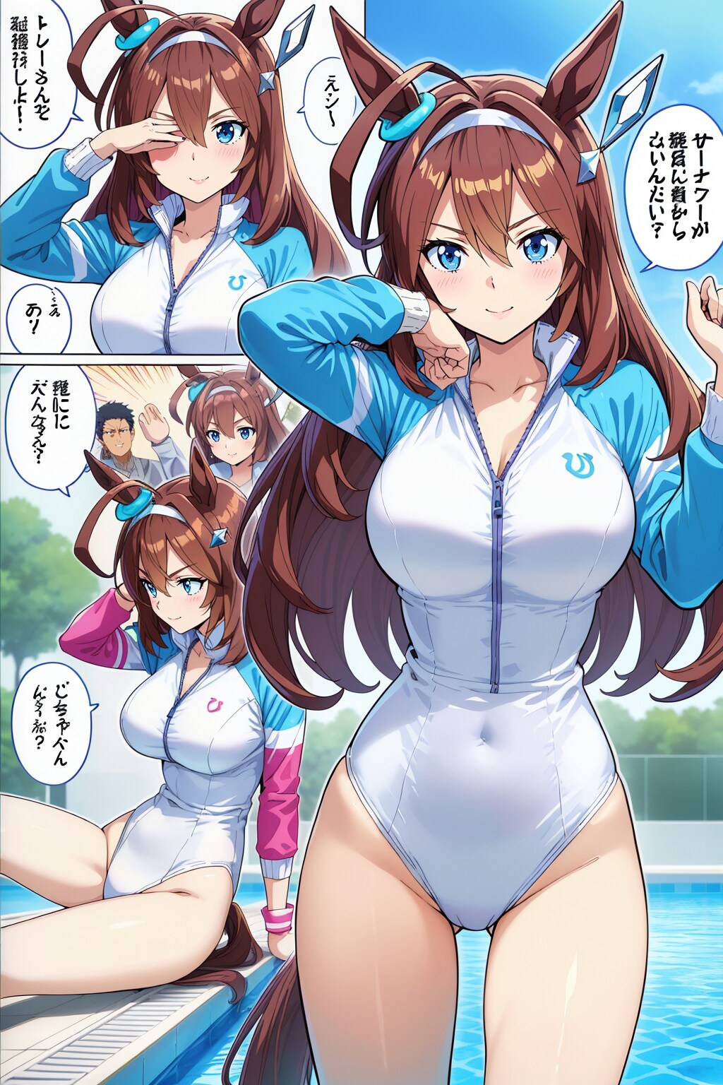 ウマ娘漫画♪「ブルボンちゃん♪トレーナー考案の新運動着に感激！これで24時間身体を鍛えます！」（AIちゃんお任せ漫画、基礎AURA、アニメ塗SD仕上げ）