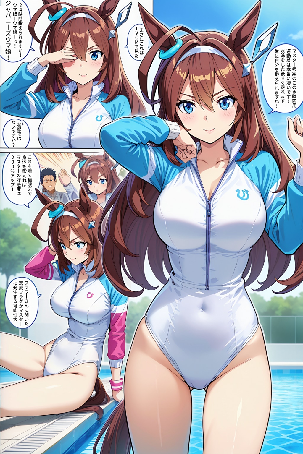 ウマ娘漫画♪「ブルボンちゃん♪トレーナー考案の新運動着に感激！これで24時間身体を鍛えます！」（AIちゃんお任せ漫画、基礎AURA、アニメ塗SD仕上げ）