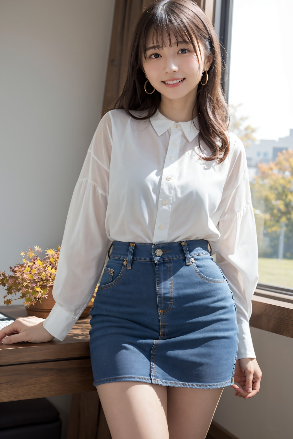 秋のデニムミニスカート