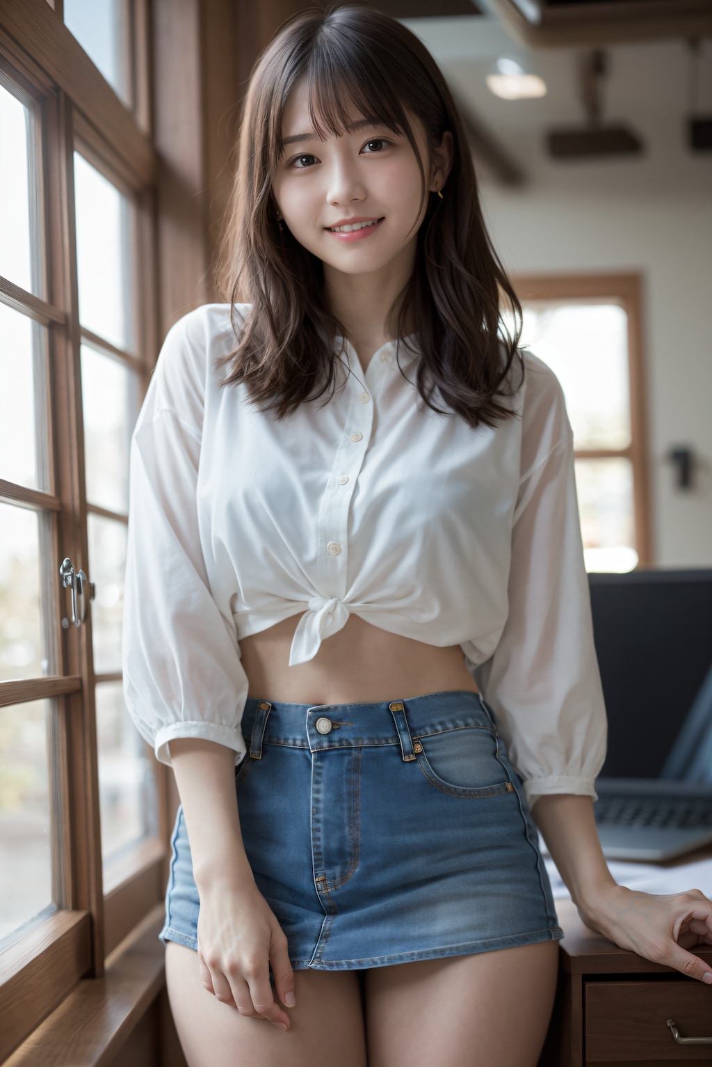 秋のデニムミニスカート