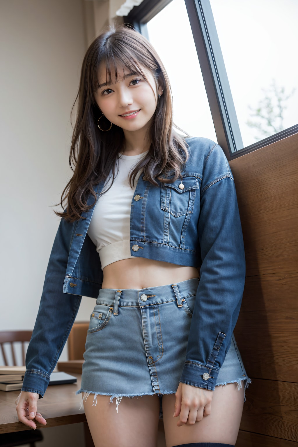 秋のデニムミニスカート