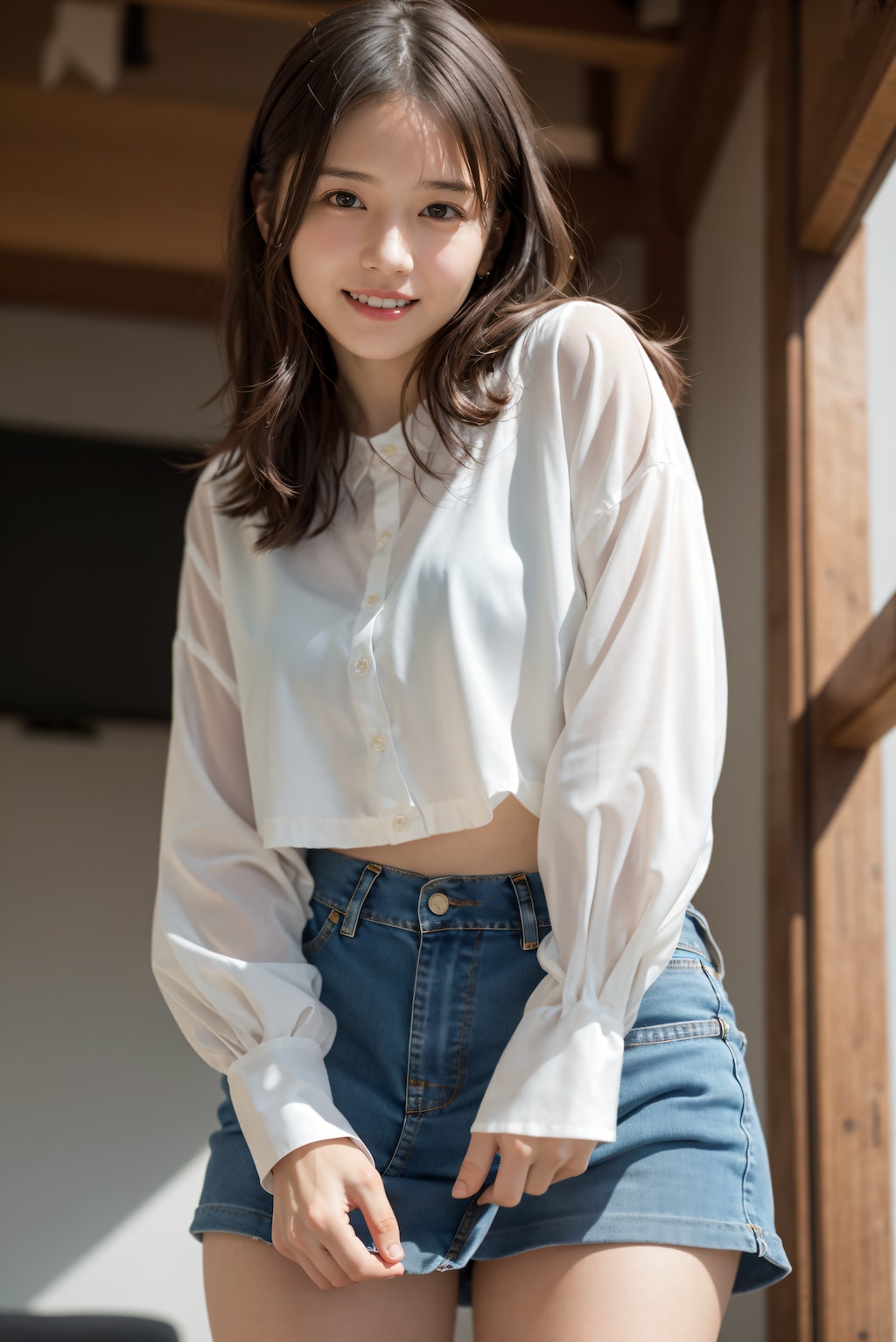 秋のデニムミニスカート