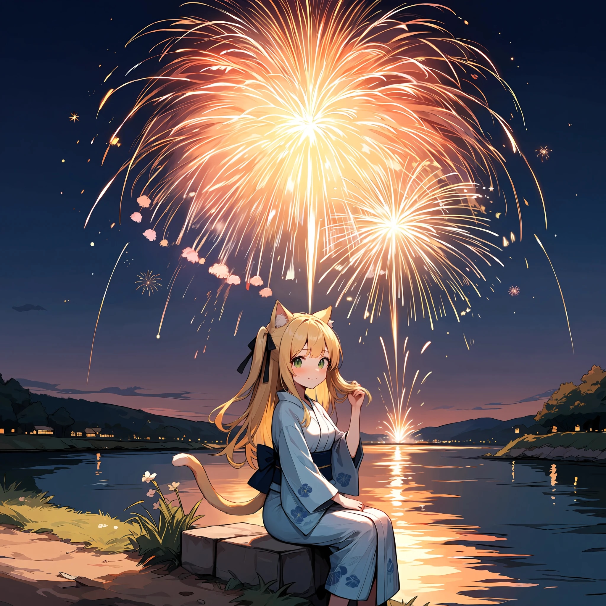 花火と猫耳の女の子