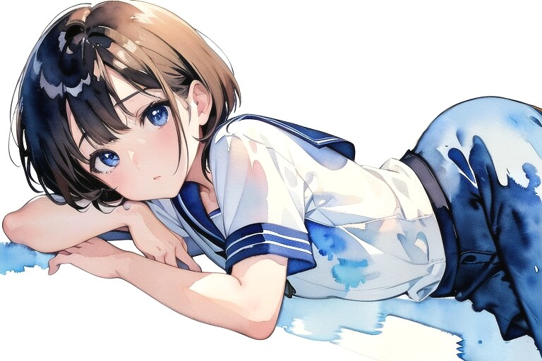 ごろ寝する少女(水彩タッチ)