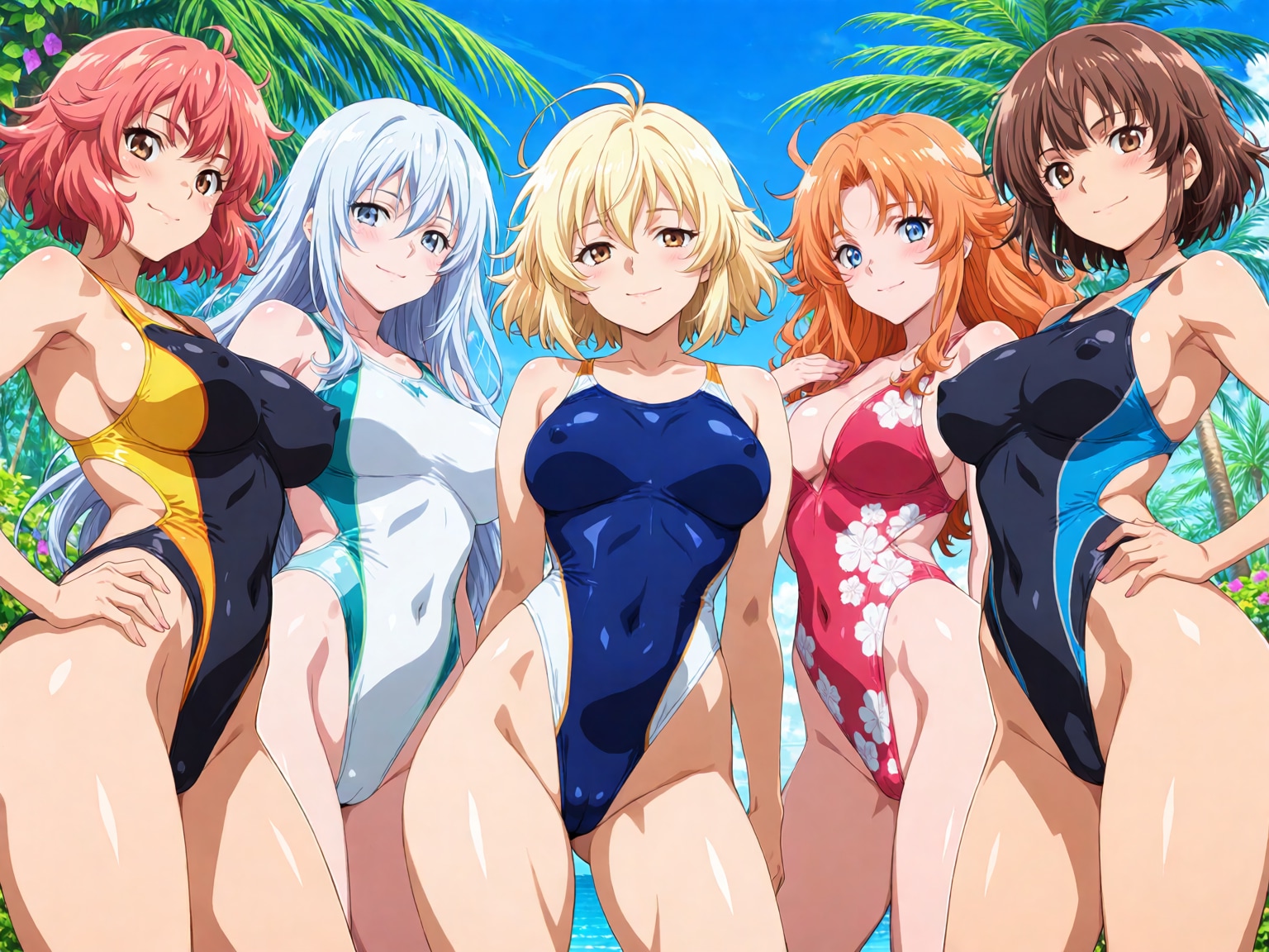 （懐かしお色気アニメ風ｗ）アニメ水着回の水着美少女全員集合っぽい感じ😍💕