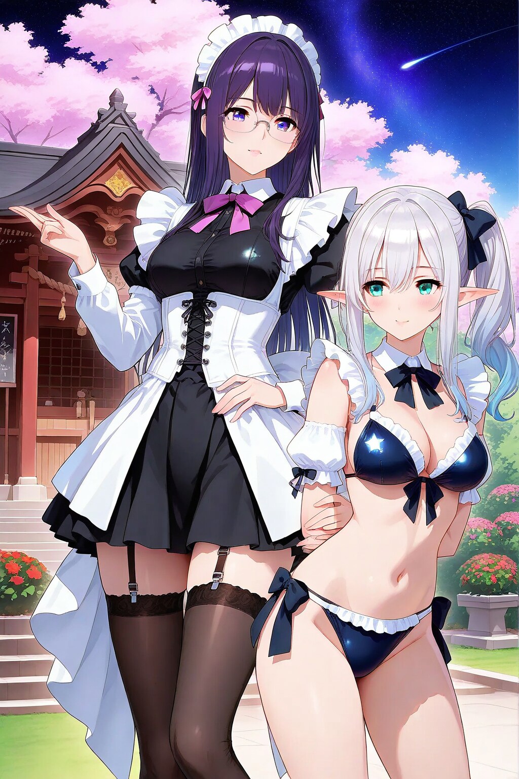 桜に彩られた社にメイドがふたり