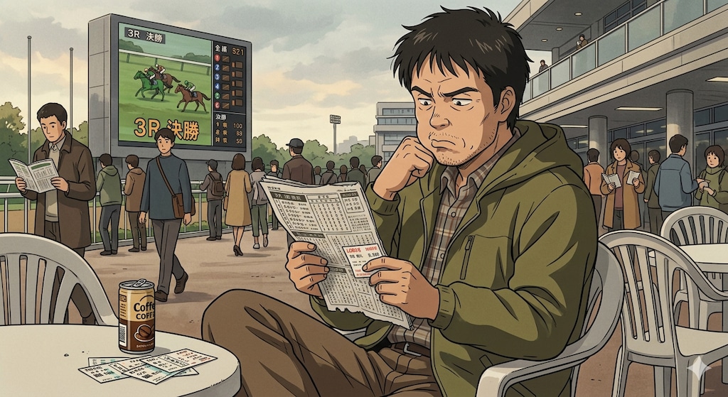 競馬で賭けて負けて拗ねているおっさん