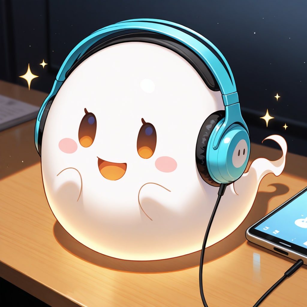 ヘッドフォンで音楽を聴くお化けさん
