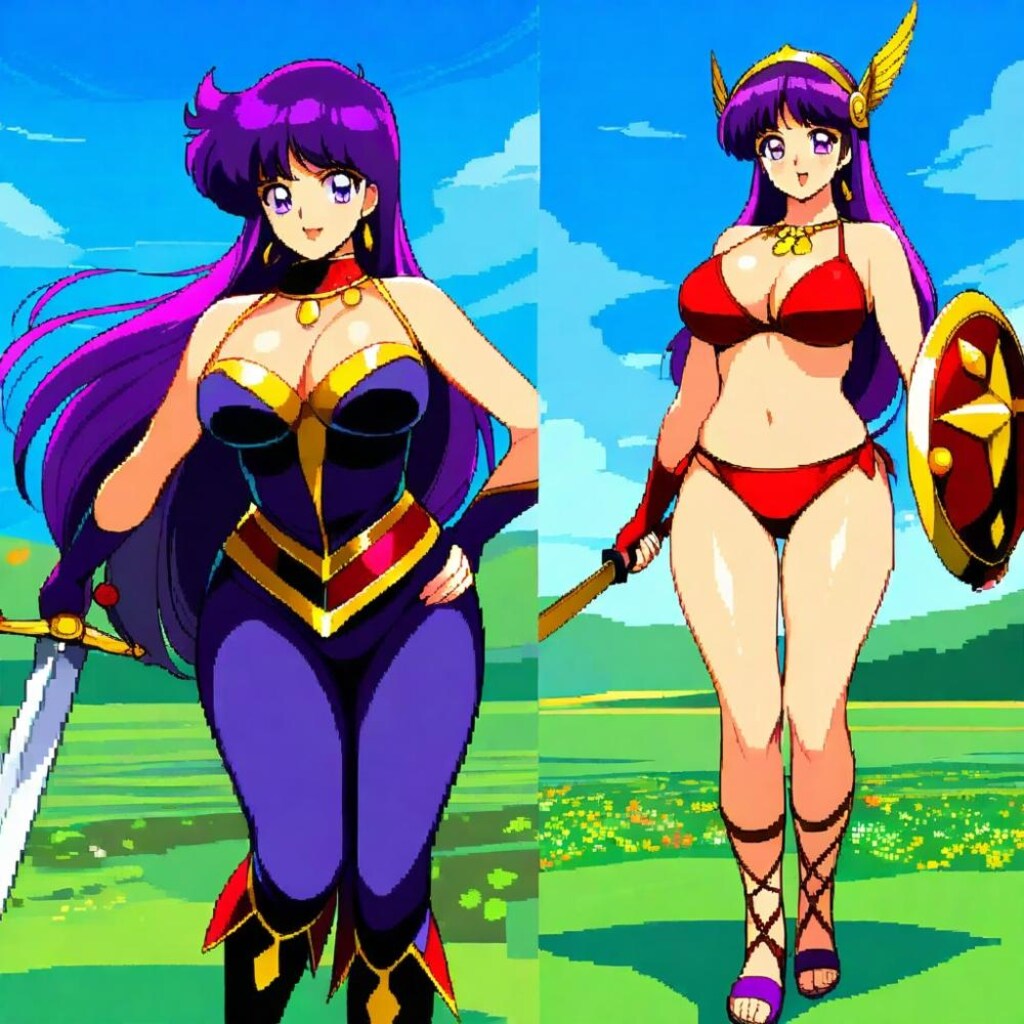 ファンタジー1980年代風アニメドット絵風、人妻アテナ姫