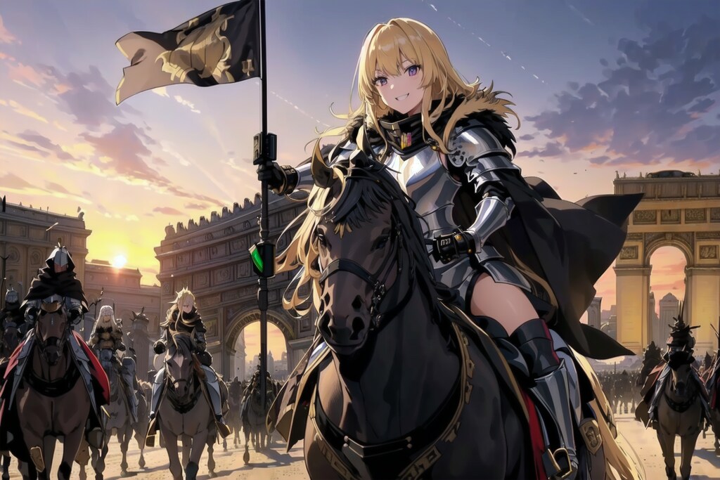 軍勢と帰還するブロンドの女騎士さん