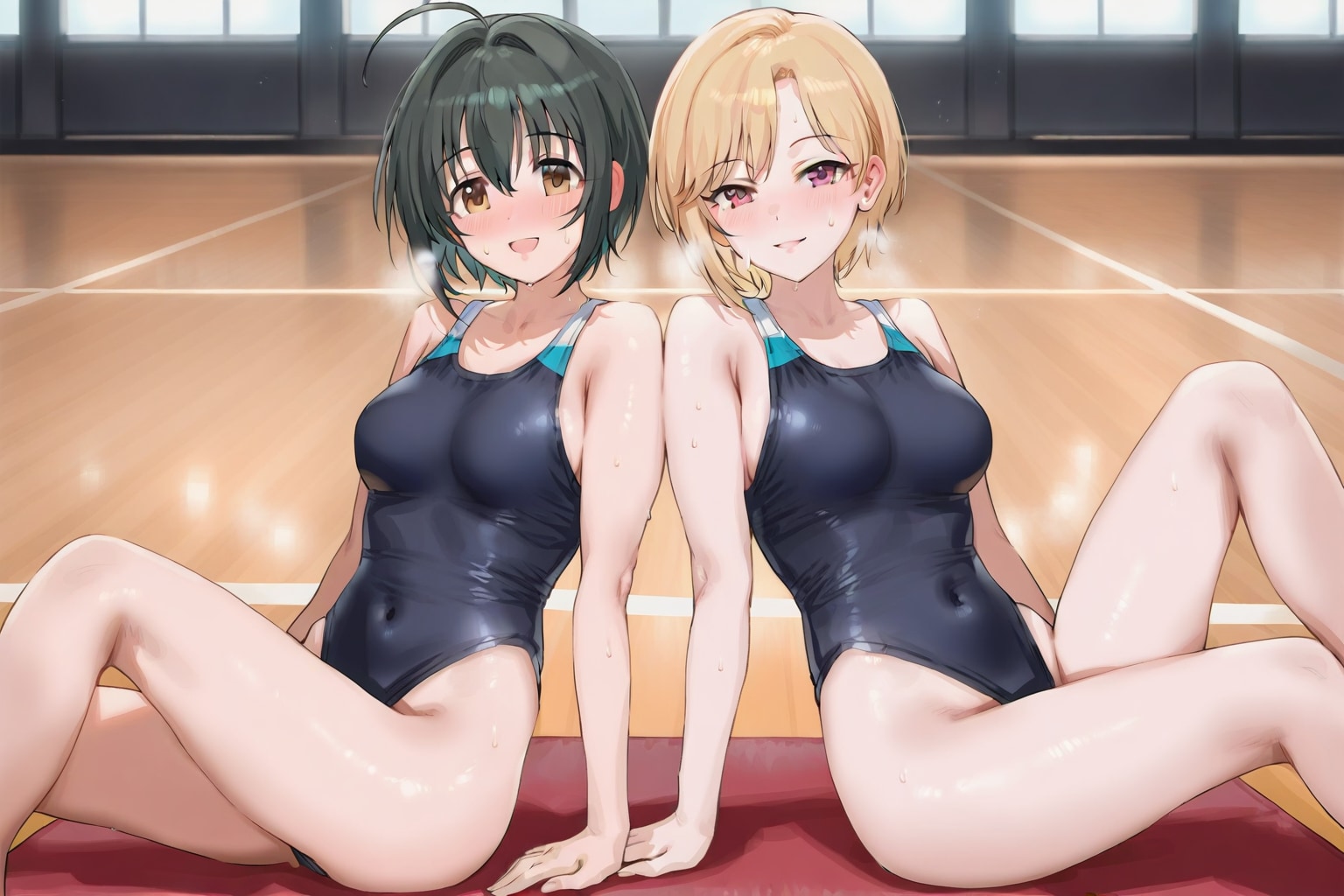 レオタードを着て座る相葉夕実と小日向美穂