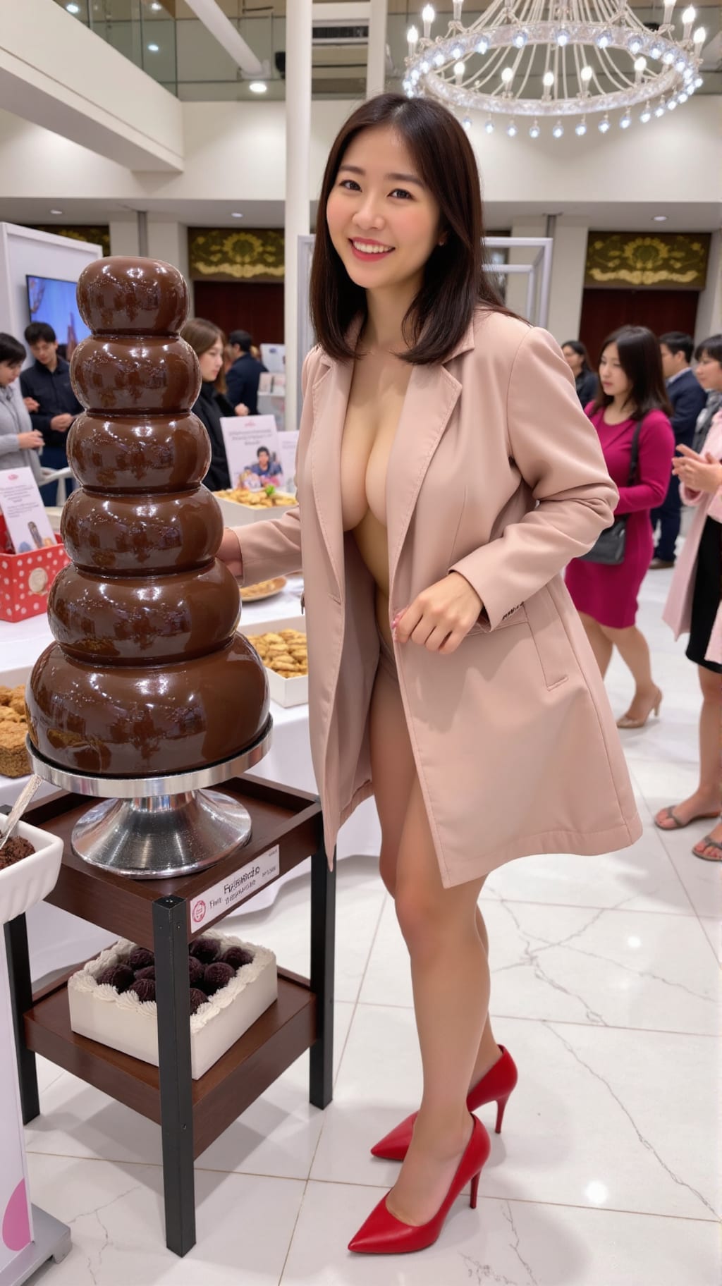 会場の奥にはチョコレートフォンデュのタワーがw　冷たいフルーツに熱々チョコレート♥　大好き♬