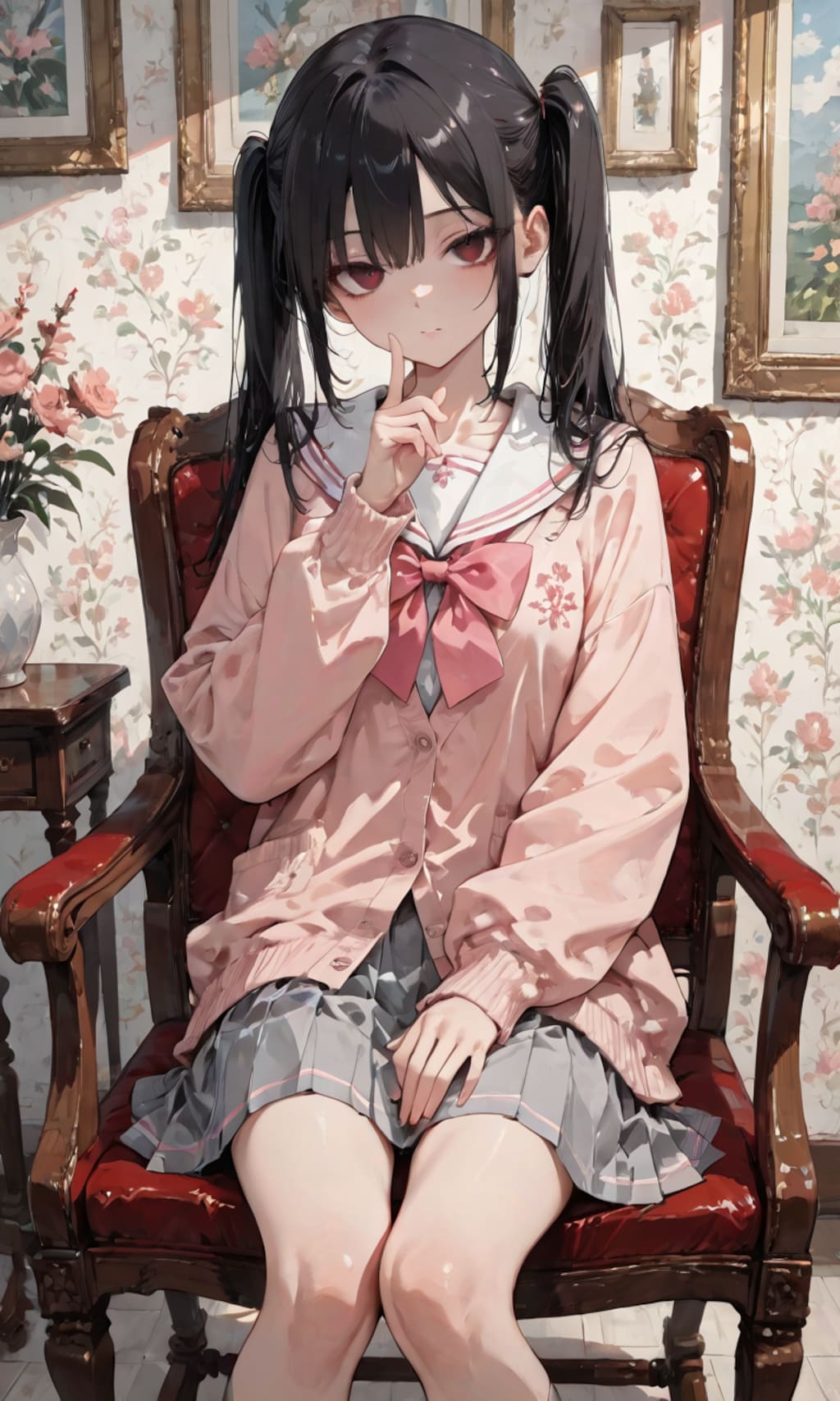 ピンクのカーディガンの子