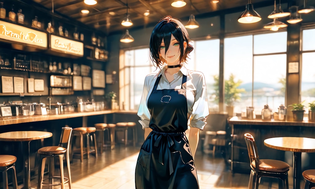 レゼ、海辺のカフェで小悪魔に微笑む看板店員