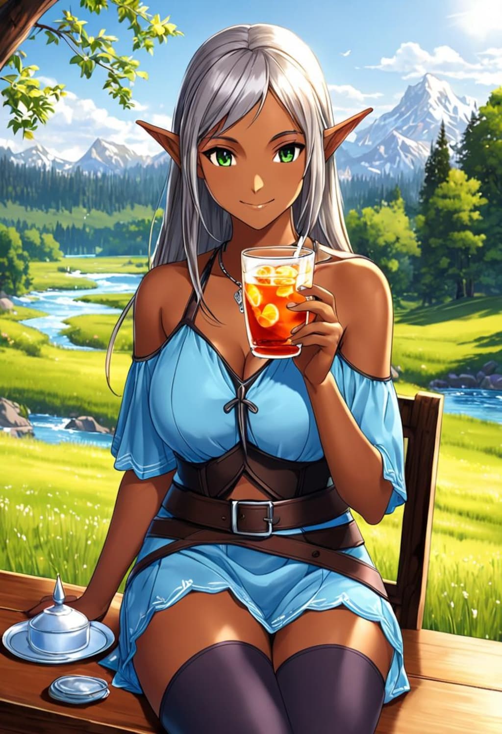 アイスティーを飲むダークエルフさん