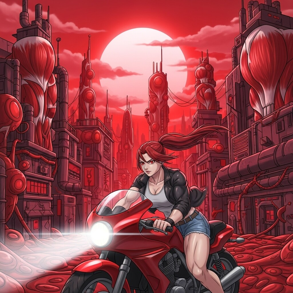 バイクに乗る 赤ぽにちゃん