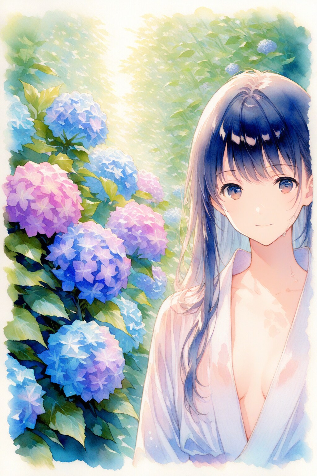 紫陽花と美女 ( その１ )　－プロンプトお借りしました－