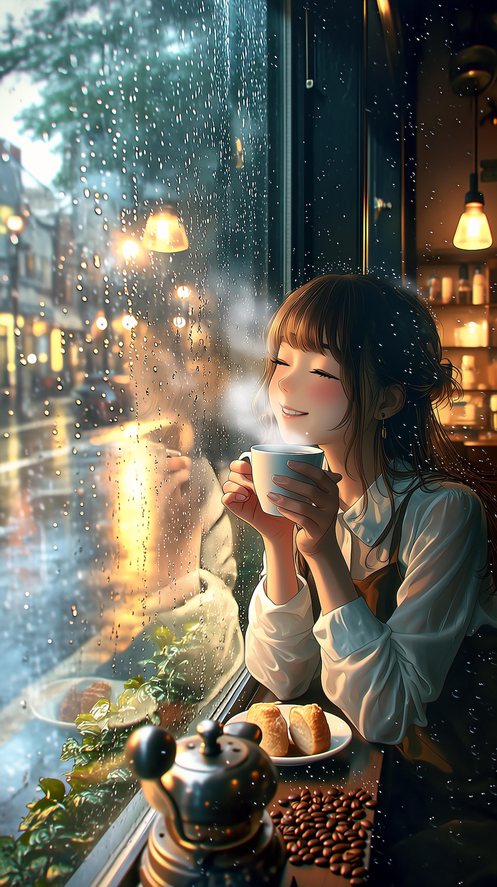 雨の窓辺で微笑むカフェのひととき