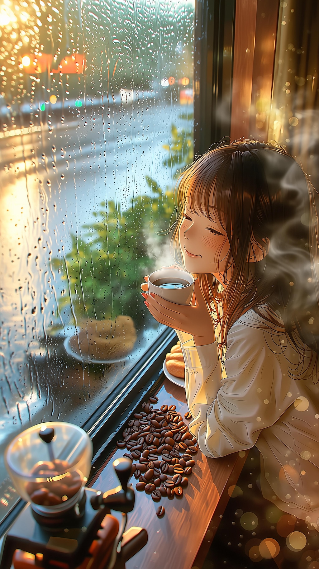 雨の窓辺で微笑むカフェのひととき