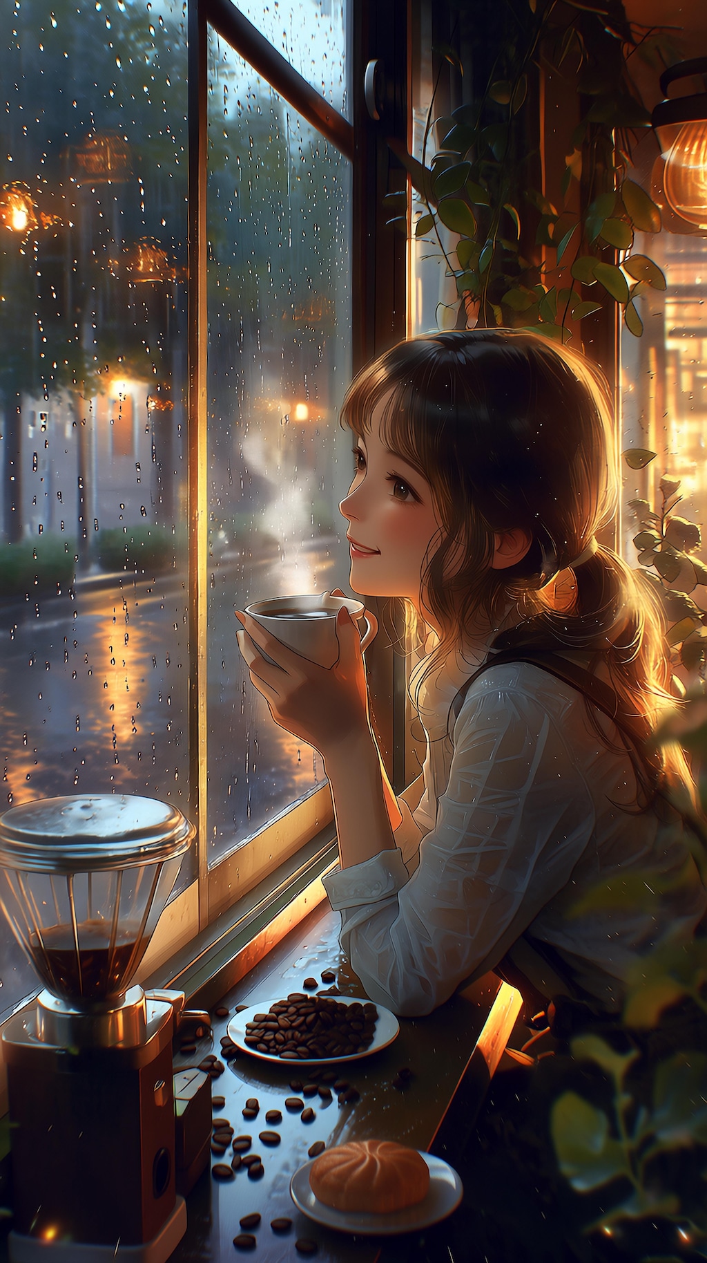 雨の窓辺で微笑むカフェのひととき