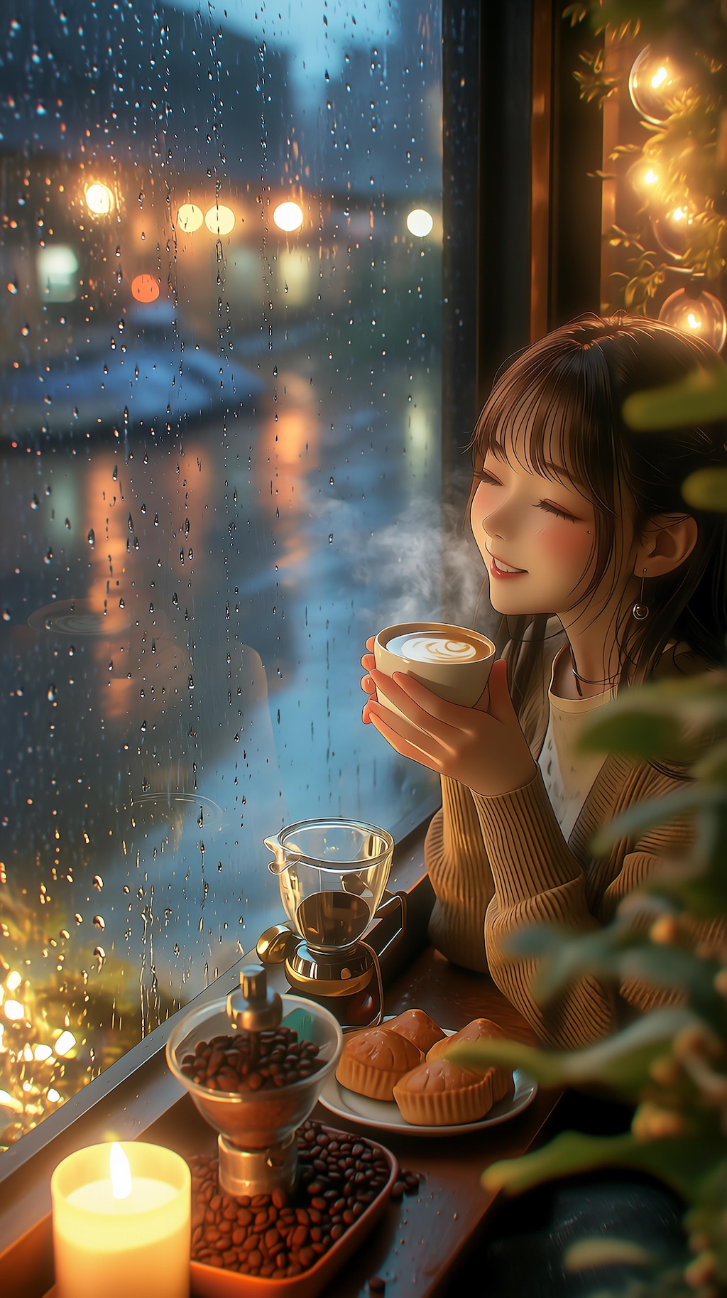 雨の窓辺で微笑むカフェのひととき