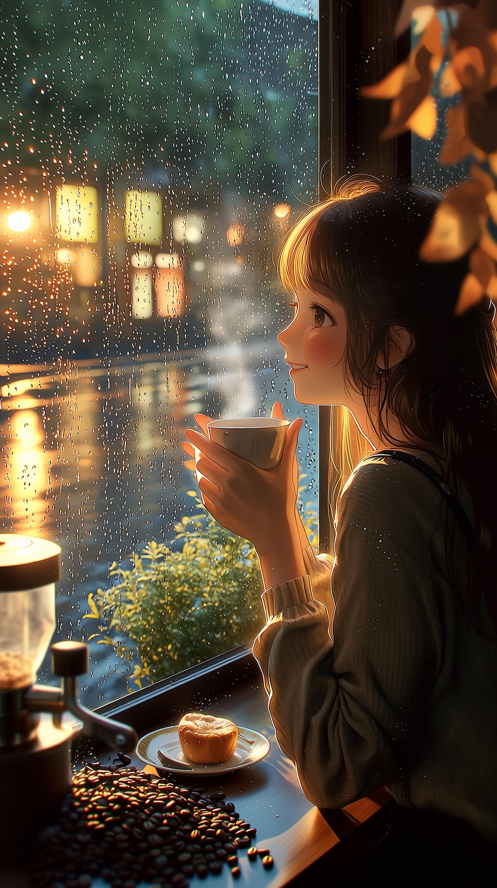 雨の窓辺で微笑むカフェのひととき