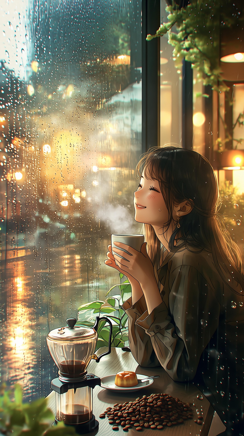 雨の窓辺で微笑むカフェのひととき