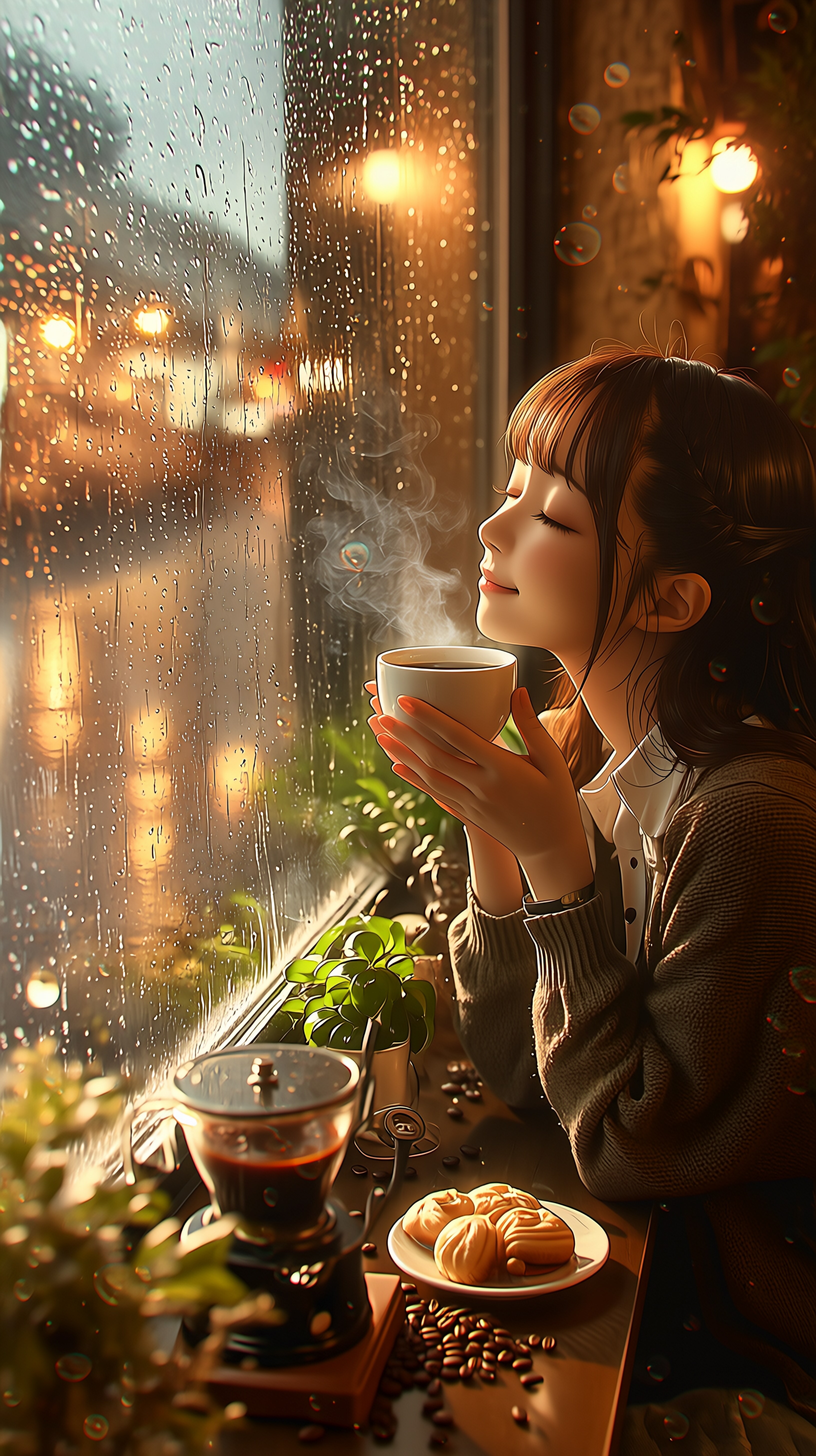 雨の窓辺で微笑むカフェのひととき | の人気AIイラスト・グラビア