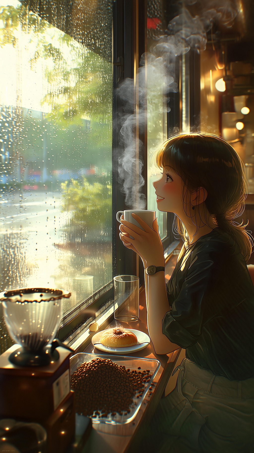 雨の窓辺で微笑むカフェのひととき
