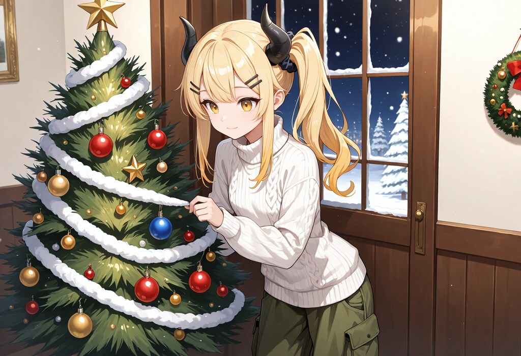 クリスマスツリーの飾りつけをする女鬼高生さん