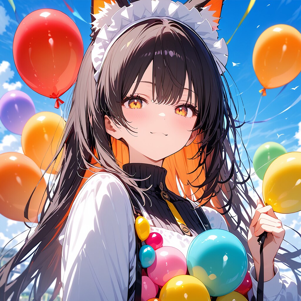 色とりどりの風船を持つ黒髪ロングの美女。