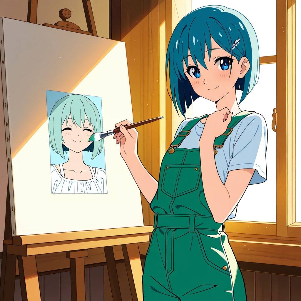 夕暮れのアトリエ、青髪モデルの自画像 | の人気AIイラスト・グラビア