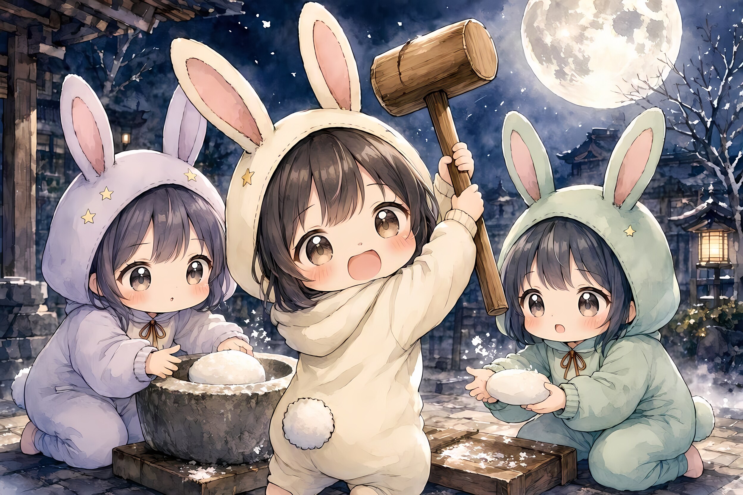 【月明かりに照らされて】餅つき３ | の人気AIイラスト・グラビア