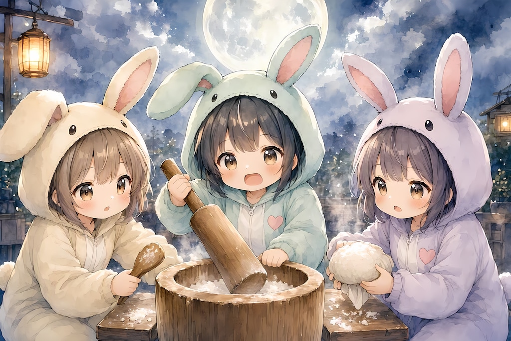 【月明かりに照らされて】餅つき３