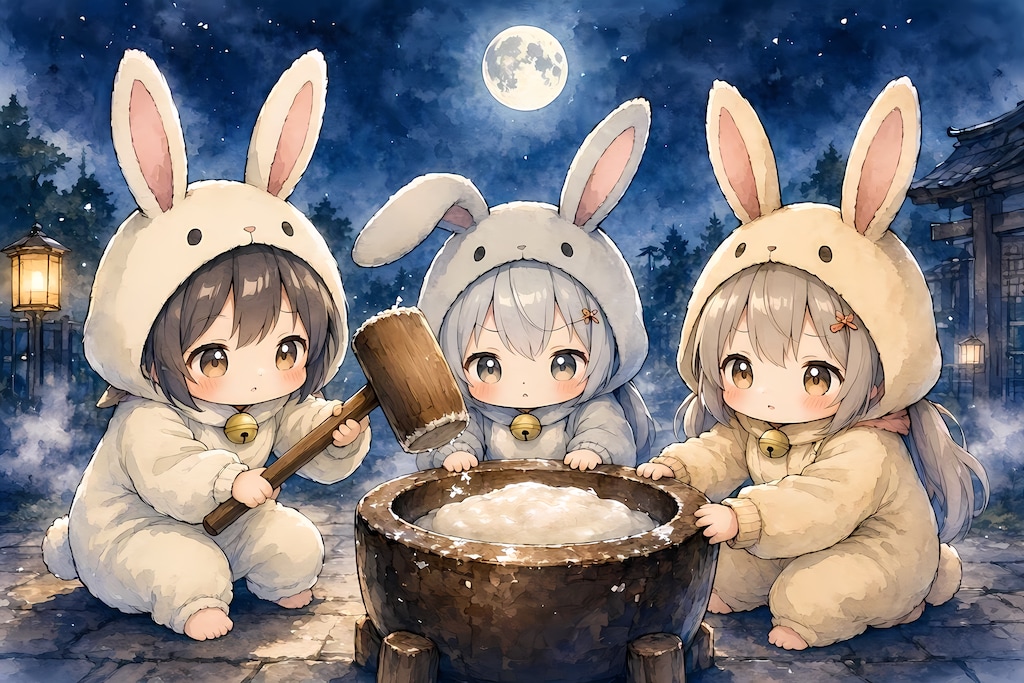 【月明かりに照らされて】餅つき３