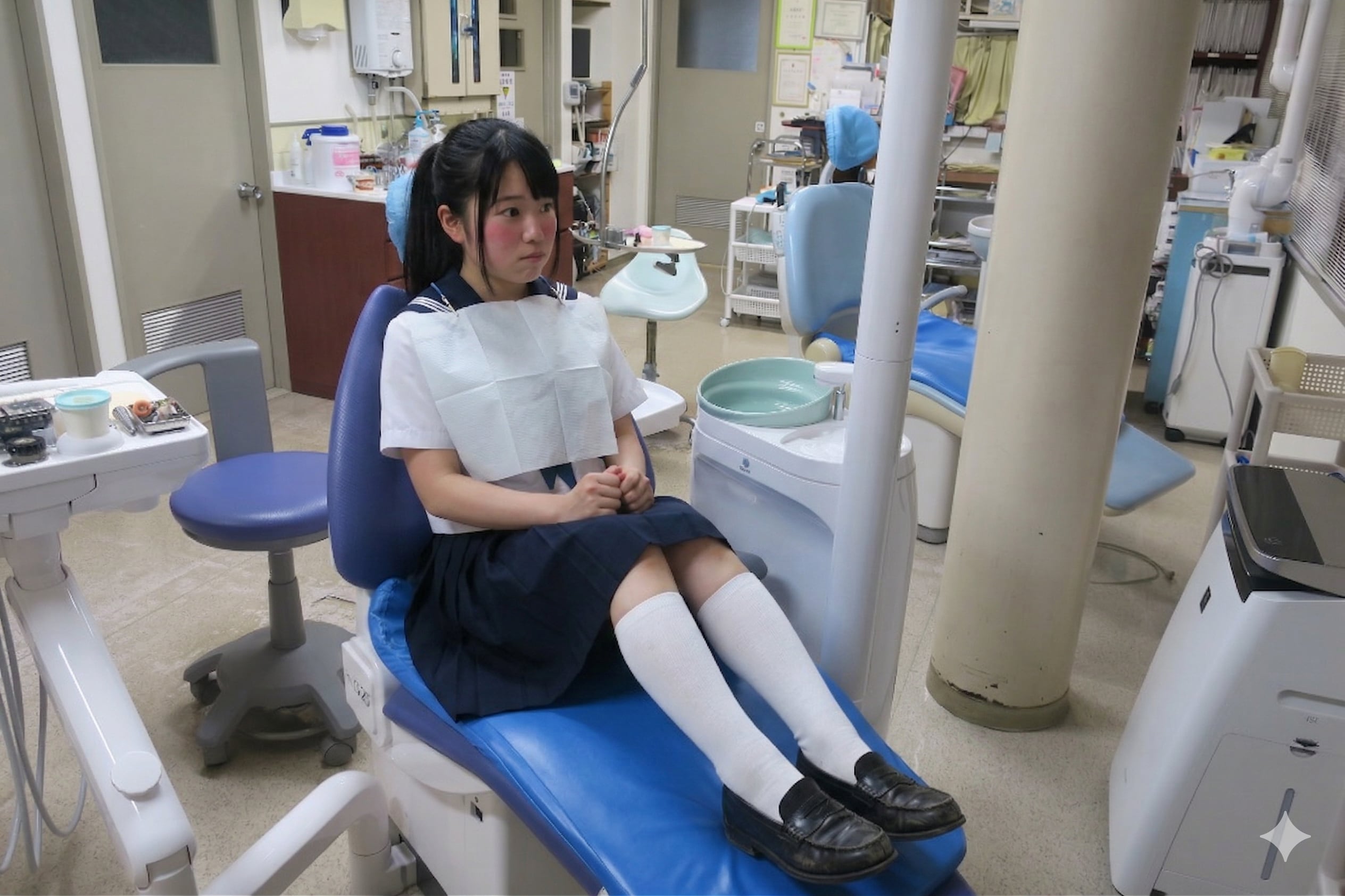 田舎の歯科医院で緊張して治療を待つ女子高生②