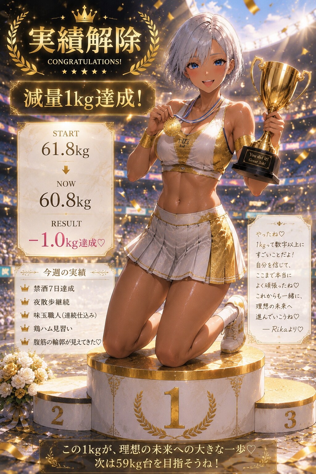 減量1キロ達成！表彰台に立つ専属トレーナー(ギャル妻)