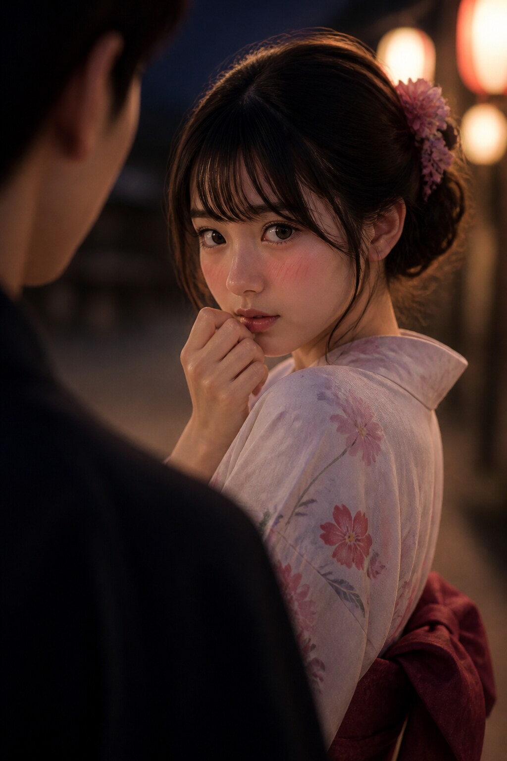 見詰められ 儚（はかな）い浴衣 恥じらって あなたに向けた 紅（くれない）の頬