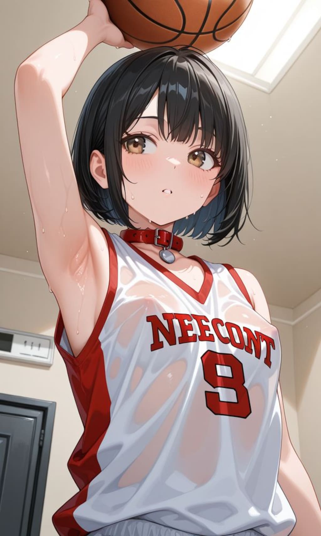 ユニフォームを着て首輪を試着するバスケちゃん